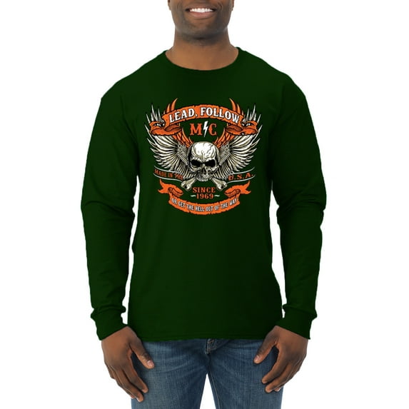 Wild Bobby, Lead Follow or Get The Hell Out Of The Way MC 1969 Motorcycle Pop Culture Mens Long Sleeve Shirt, Forest Green, Medium