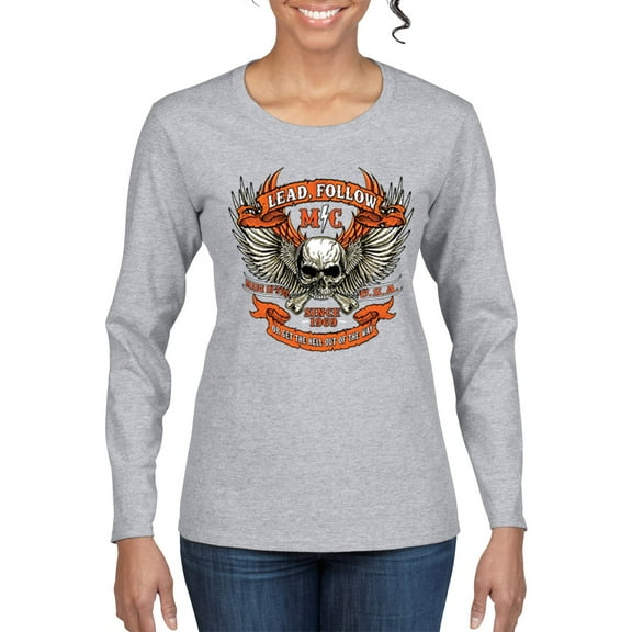 Wild Bobby, Lead Follow or Get The Hell Out Of The Way MC 1969 Motorcycle Pop Culture Womens Graphic Long Sleeve T-Shirt, Heather Grey, Medium