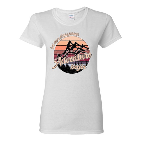 Wild Bobby Let Our Classroom Adventure Begin Mountain Sunset Darker Colors Pop Culture Women Graphic Tee, White, X-Large