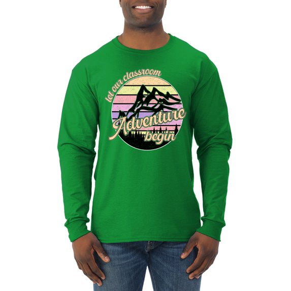 Wild Bobby Let Our Classroom Adventure Begin Mountain Sunset Light Colors Pop Culture Men Long Sleeve Shirt, Kelly, XX-Large
