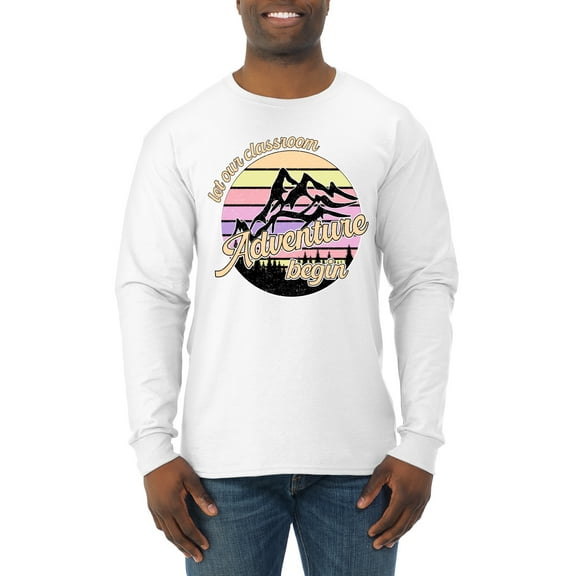 Wild Bobby Let Our Classroom Adventure Begin Mountain Sunset Light Colors Pop Culture Men Long Sleeve Shirt, White, X-Large