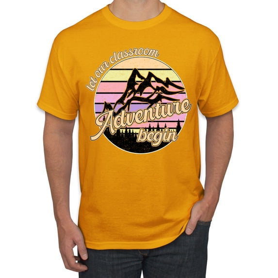 Wild Bobby Let Our Classroom Adventure Begin Mountain Sunset Light Colors Pop Culture Men Tee, Gold, Small