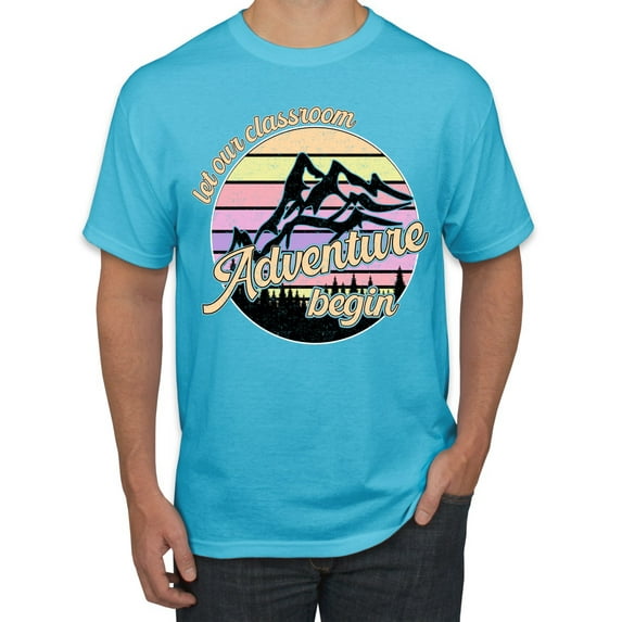 Wild Bobby Let Our Classroom Adventure Begin Mountain Sunset Light Colors Pop Culture Men Tee, Light Turquoise, 3X-Large