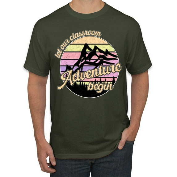Wild Bobby Let Our Classroom Adventure Begin Mountain Sunset Light Colors Pop Culture Men Tee, Military Green, X-Large