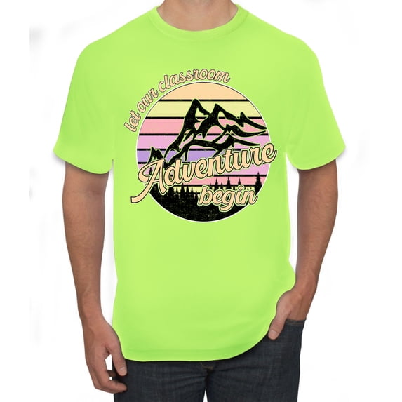 Wild Bobby Let Our Classroom Adventure Begin Mountain Sunset Light Colors Pop Culture Men Tee, Safety Green, 5X-Large