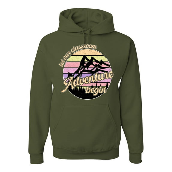 Wild Bobby Let Our Classroom Adventure Begin Mountain Sunset Light Colors Pop Culture Unisex Hoodie Sweatshirt, Military Green, 3X-Large
