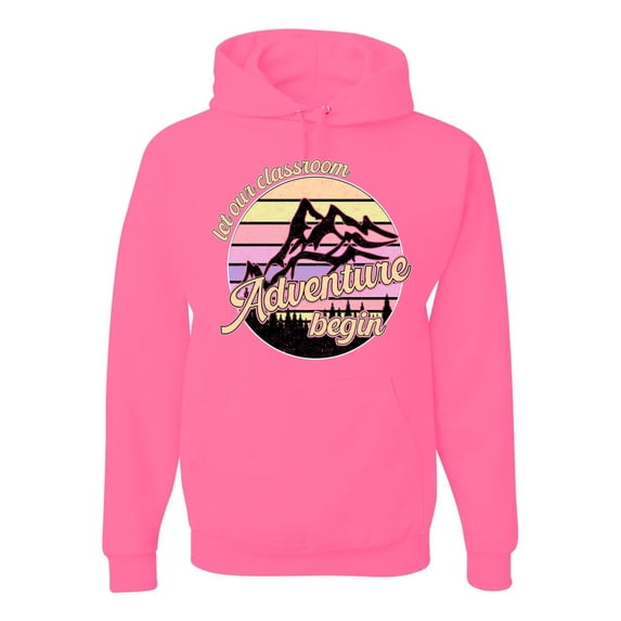 Wild Bobby Let Our Classroom Adventure Begin Mountain Sunset Light Colors Pop Culture Unisex Hoodie Sweatshirt, Neon Pink, 3X-Large