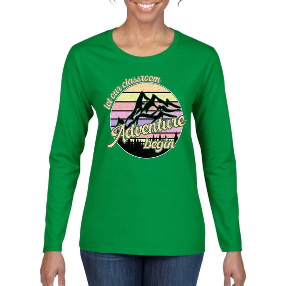 Wild Bobby Let Our Classroom Adventure Begin Mountain Sunset Light Colors Pop Culture Women Graphic Long Sleeve Tee, Kelly, Small