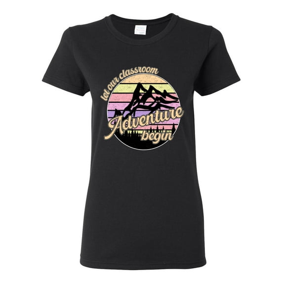 Wild Bobby Let Our Classroom Adventure Begin Mountain Sunset Light Colors Pop Culture Women Graphic Tee, Black, XX-Large