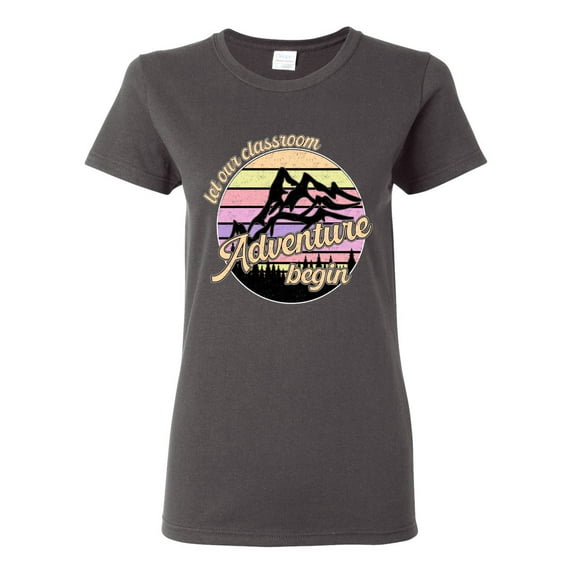 Wild Bobby Let Our Classroom Adventure Begin Mountain Sunset Light Colors Pop Culture Women Graphic Tee, Charcoal, Small