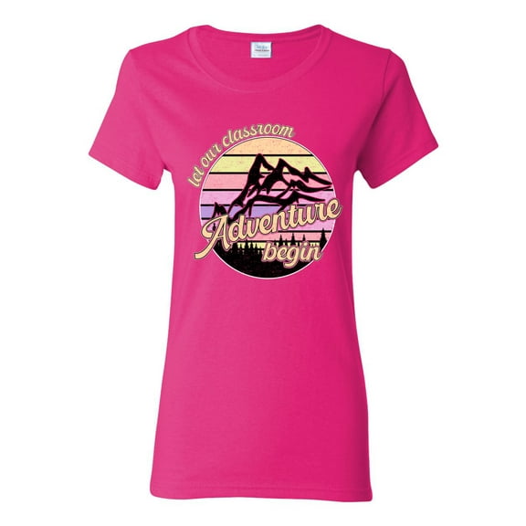 Wild Bobby Let Our Classroom Adventure Begin Mountain Sunset Light Colors Pop Culture Women Graphic Tee, Fuschia, Medium