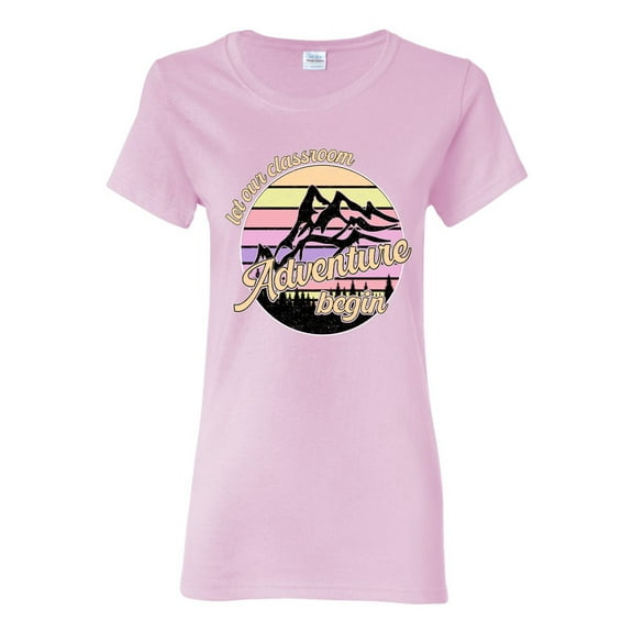Wild Bobby Let Our Classroom Adventure Begin Mountain Sunset Light Colors Pop Culture Women Graphic Tee, Light Pink, XX-Large