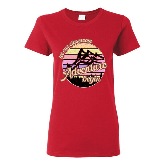 Wild Bobby Let Our Classroom Adventure Begin Mountain Sunset Light Colors Pop Culture Women Graphic Tee, Red, XX-Large