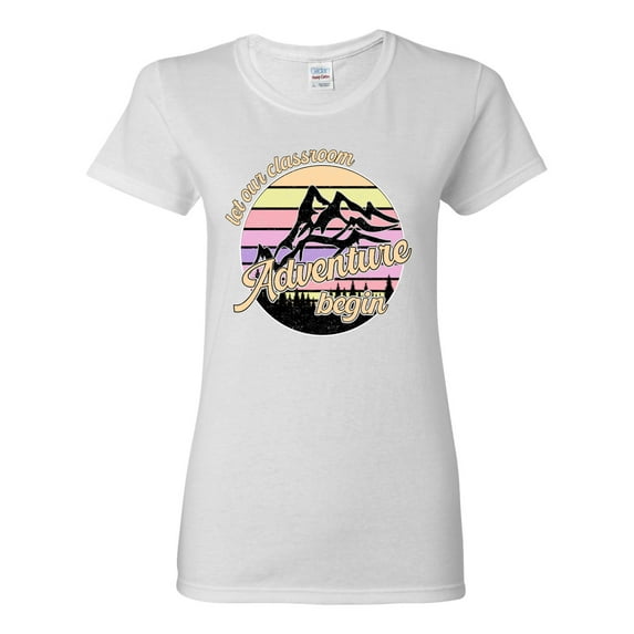 Wild Bobby Let Our Classroom Adventure Begin Mountain Sunset Light Colors Pop Culture Women Graphic Tee, White, Large