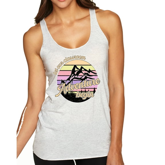 Wild Bobby Let Our Classroom Adventure Begin Mountain Sunset Light Colors Pop Culture Women Tri-Blend Racerback Tank Top, Heather White, X-Large