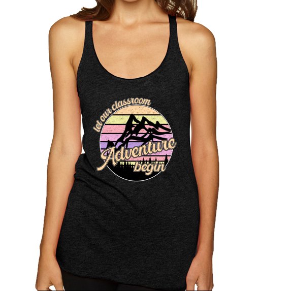 Wild Bobby Let Our Classroom Adventure Begin Mountain Sunset Light Colors Pop Culture Women Tri-Blend Racerback Tank Top, Vintage Black, Medium