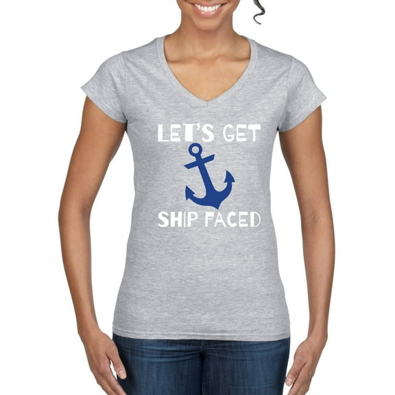 Wild Bobby Let's Get Ship Faced, Funny Boat Captain Women Standard V-Neck Tee