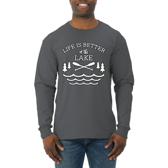 Wild Bobby, Life Is Better At The Lake, Men Long Sleeve Shirt, Charcoal, Small
