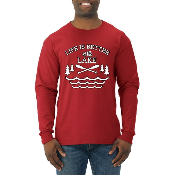Wild Bobby, Life Is Better At The Lake, Men Long Sleeve Shirt, Red, Large