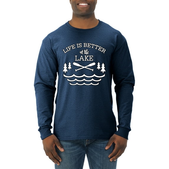 Wild Bobby, Life Is Better At The Lake, Men Long Sleeve Shirt, Vintage Heather Navy, 3X-Large