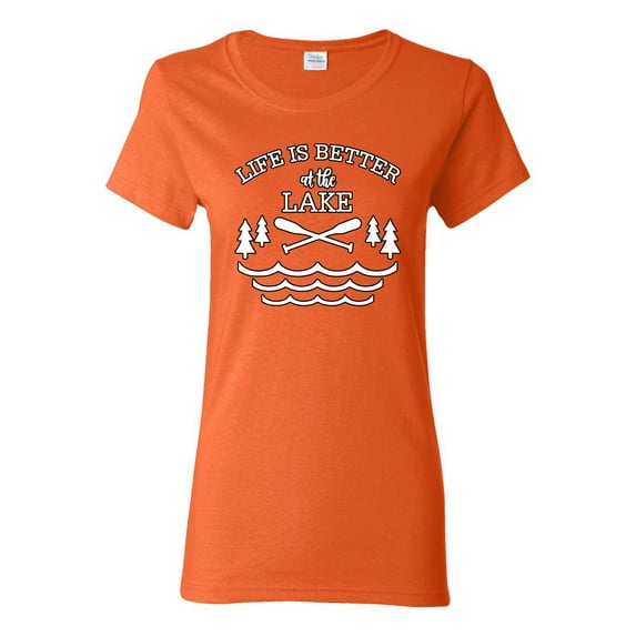 Wild Bobby, Life Is Better At The Lake, Women Graphic Tee, Orange, Medium