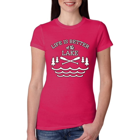 Wild Bobby, Life Is Better At The Lake, Women Slim Fit Junior Tee, Raspberry, Medium