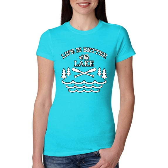Wild Bobby, Life Is Better At The Lake, Women Slim Fit Junior Tee, Tahiti Blue, XX-Large