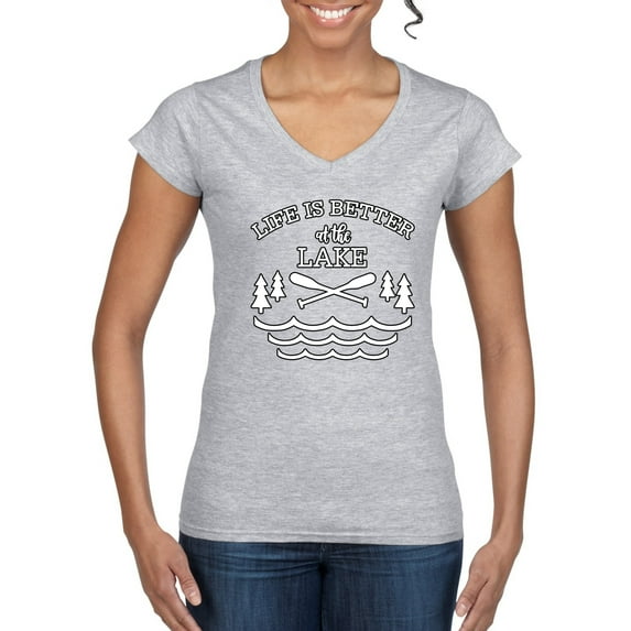 Wild Bobby, Life Is Better At The Lake, Women Standard V-Neck Tee, Heather Grey, Small