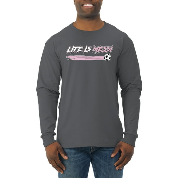 Wild Bobby Life Is Miami Soccer GOAT Sports Men Long Sleeve Shirt, Charcoal, X-Large