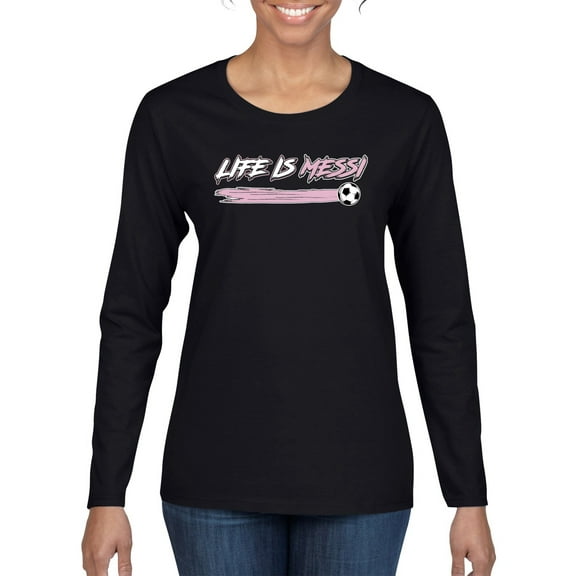 Wild Bobby Life Is Miami Soccer GOAT Sports Women Graphic Long Sleeve Tee, Black, Small