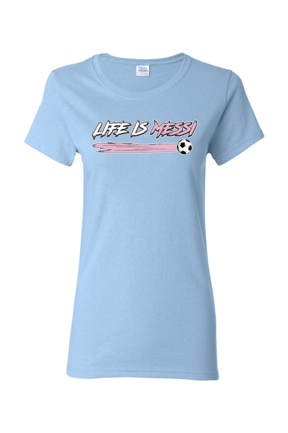 Life Is Miami Soccer GOAT Sports Women Graphic Tee, Light Blue, Large