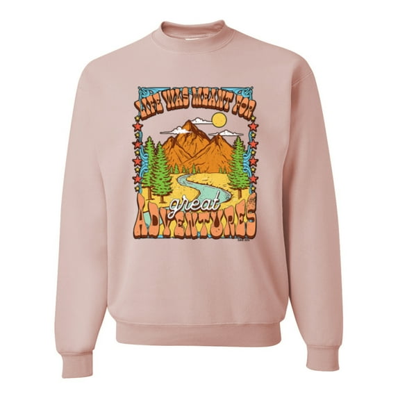 Wild Bobby Life Was Meant For Great Adventures Mountains Pine Trees Nature Lover Unisex Crewneck Sweatshirt, Blush Pink, 3X-Large