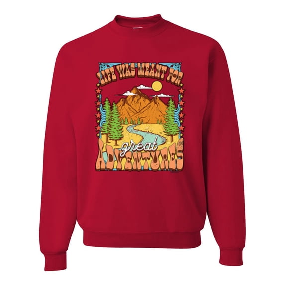 Wild Bobby Life Was Meant For Great Adventures Mountains Pine Trees Nature Lover Unisex Crewneck Sweatshirt, Red, Large