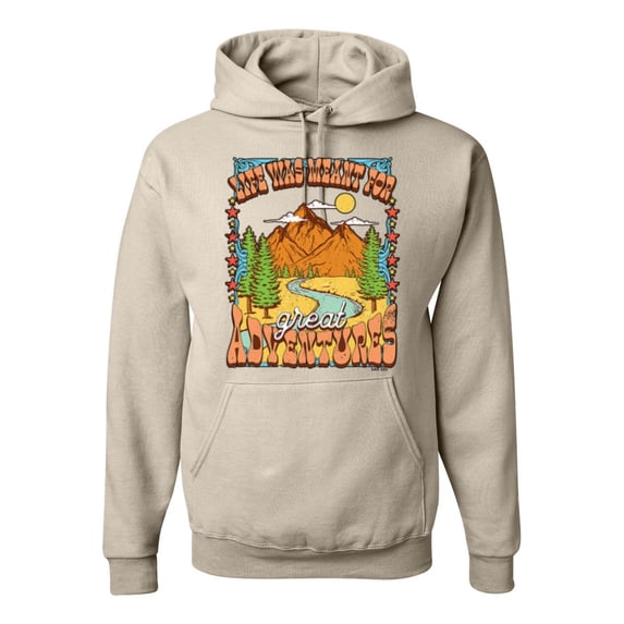 Wild Bobby Life Was Meant For Great Adventures Mountains Pine Trees Nature Lover Unisex Hoodie Sweatshirt, Sandstone, X-Large
