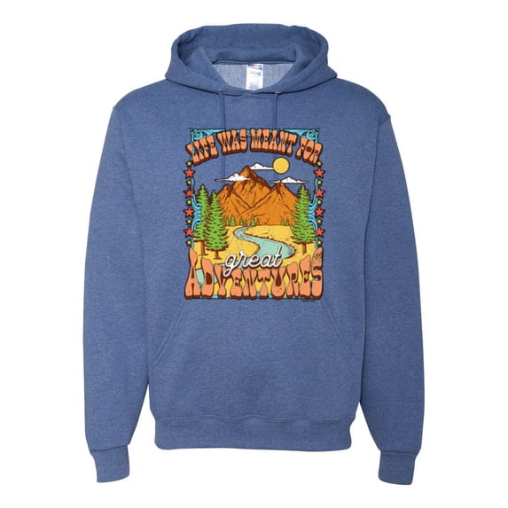 Wild Bobby Life Was Meant For Great Adventures Mountains Pine Trees Nature Lover Unisex Hoodie Sweatshirt, Vintage Heather Blue, X-Large