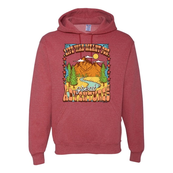 Wild Bobby Life Was Meant For Great Adventures Mountains Pine Trees Nature Lover Unisex Hoodie Sweatshirt, Vintage Heather Red, Medium
