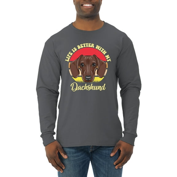 Wild Bobby, Life is Better with My Daschund Cute, Dog Lover, Men Long Sleeve Shirt, Charcoal, Medium