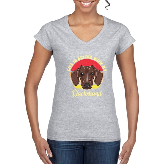 Wild Bobby, Life is Better with My Daschund Cute, Dog Lover, Women Standard V-Neck Tee, Heather Grey, Small