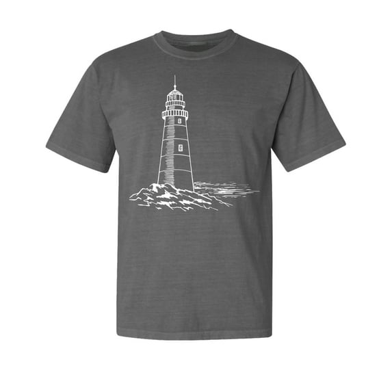 Wild Bobby,Lighthouse Nautical Sea Coastal Vibes, Streetwear, Garment-Dyed Washed Look Short Sleeve T-Shirt, Charcoal, Small