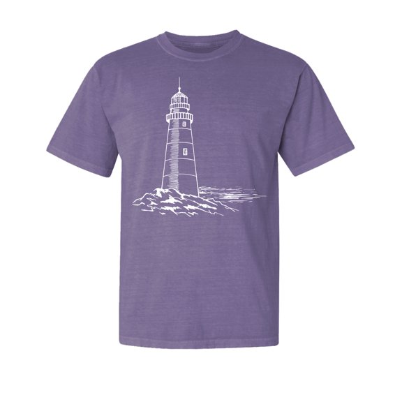 Wild Bobby,Lighthouse Nautical Sea Coastal Vibes, Streetwear, Garment-Dyed Washed Look Short Sleeve T-Shirt, Purple, Large