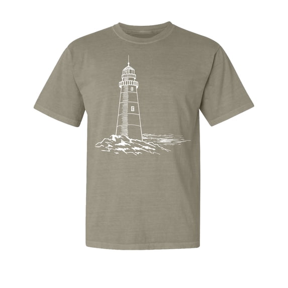 Wild Bobby,Lighthouse Nautical Sea Coastal Vibes, Streetwear, Garment-Dyed Washed Look Short Sleeve T-Shirt, Sand, Large