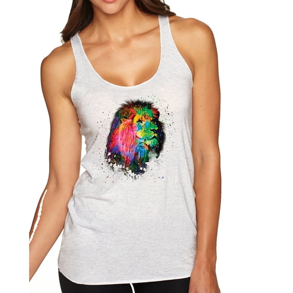 Wild Bobby, Lion Paint Art Splatter Abstract Art Animal Lover Tri-Blend Racerback Tank Top, Heather White, Large