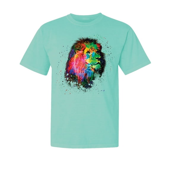 Wild Bobby, Lion Paint Art Splatter, Animal Lover, Garment-Dyed Washed Look Short Sleeve T-Shirt, Mint, Large