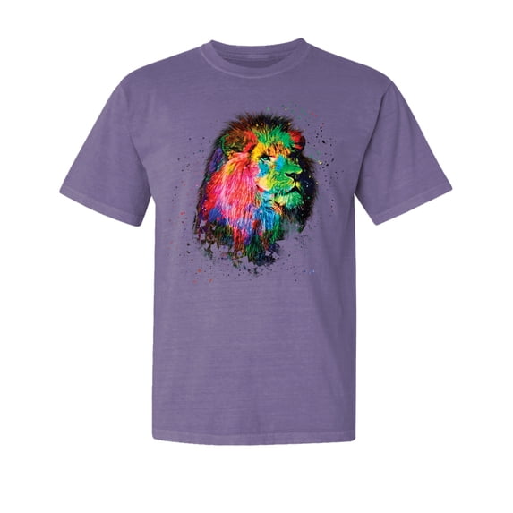 Wild Bobby, Lion Paint Art Splatter, Animal Lover, Garment-Dyed Washed Look Short Sleeve T-Shirt, Purple, X-Large