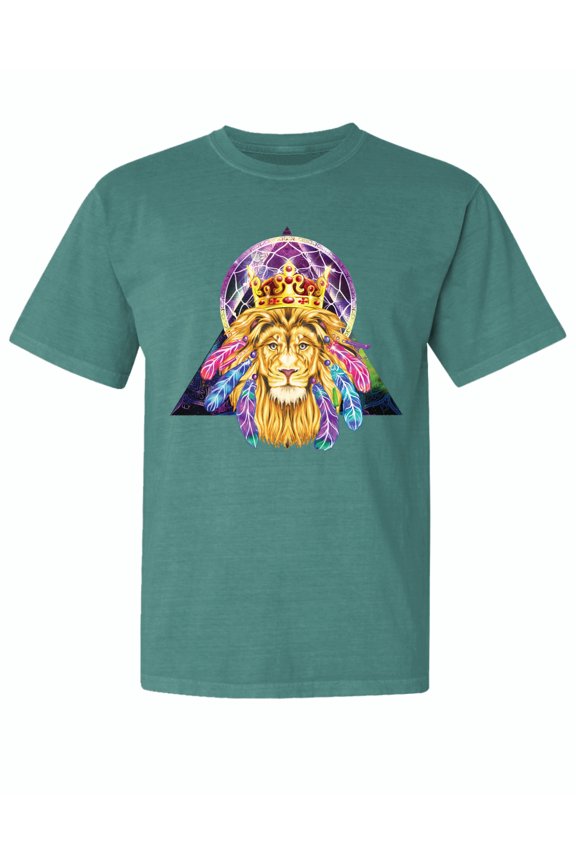 , Lion Throne King Crown, Animal Lover, Garment-Dyed Washed Look Short Sleeve T-Shirt, Emerald, Medium