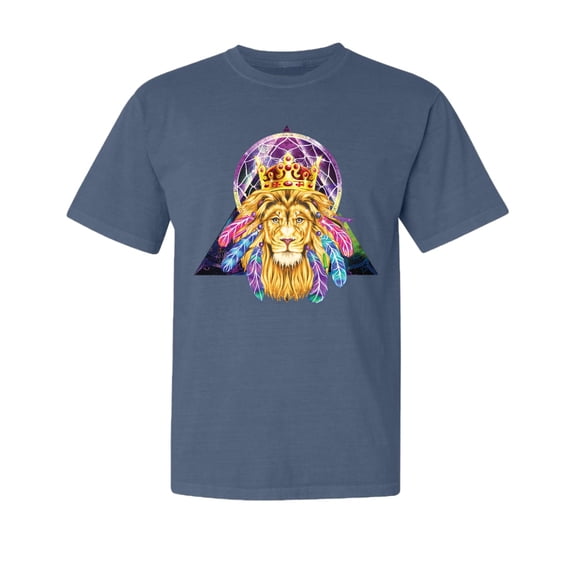 Wild Bobby, Lion Throne King Crown, Animal Lover, Garment-Dyed Washed Look Short Sleeve T-Shirt, Navy, 2XL