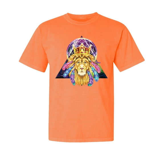 Wild Bobby, Lion Throne King Crown, Animal Lover, Garment-Dyed Washed Look Short Sleeve T-Shirt, Neon Orange, Medium