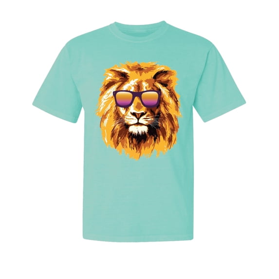 Wild Bobby, Lion With Sunglasses, Animal Lover, Garment-Dyed Washed Look Short Sleeve T-Shirt, Mint, 2XL