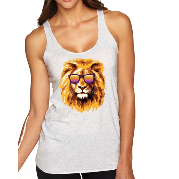 Wild Bobby, Lion With Sunglasses Animal Lover Tri-Blend Racerback Tank Top, Heather White, Medium