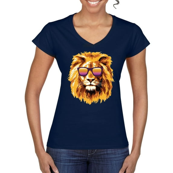 Wild Bobby, Lion With Sunglasses Animal Lover Women's Standard V-Neck Tee, Navy, Large